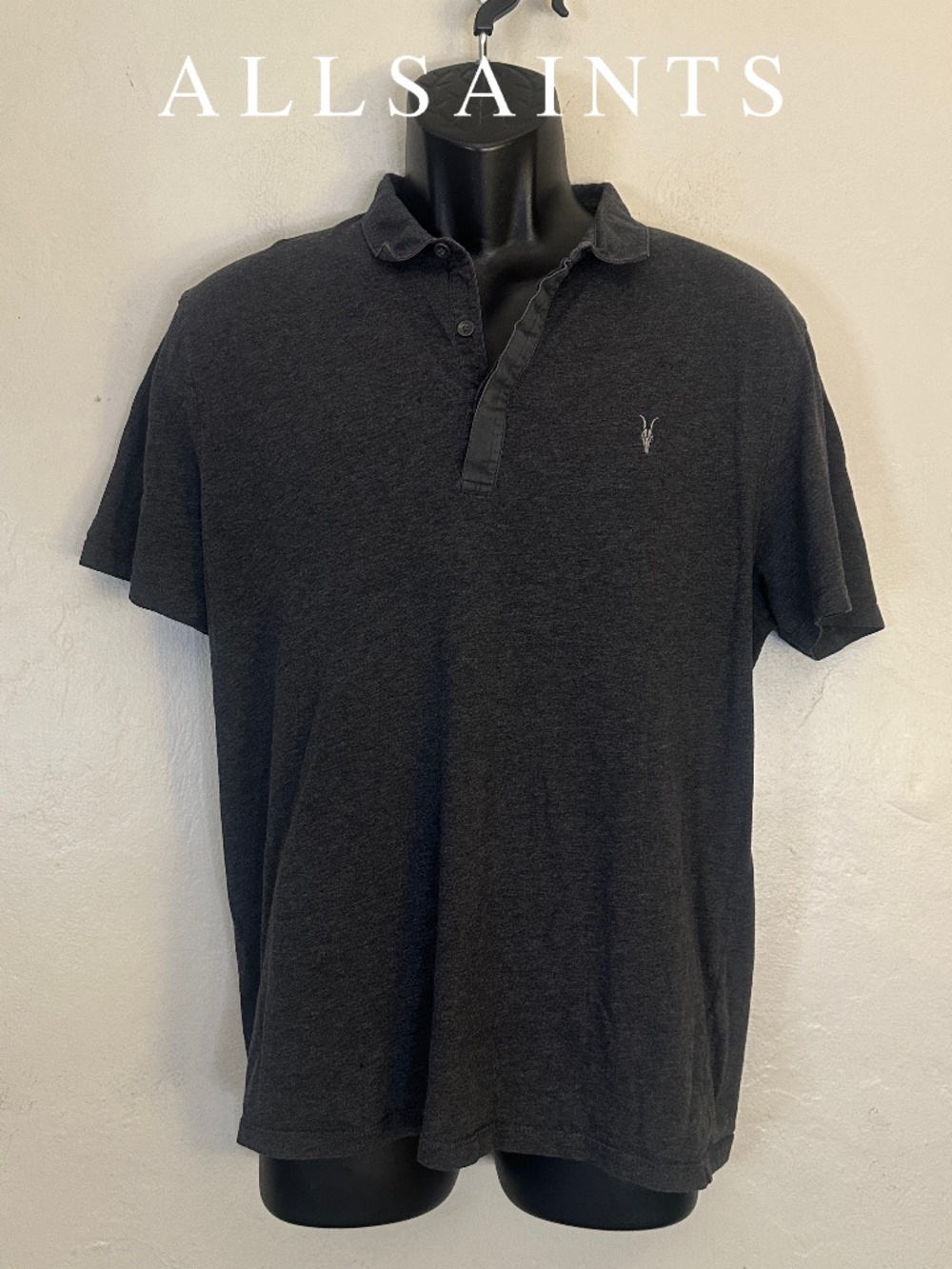AllSaints Mottled Gray Polo XL Gently worn 100% cotton 22" armpit to armpit